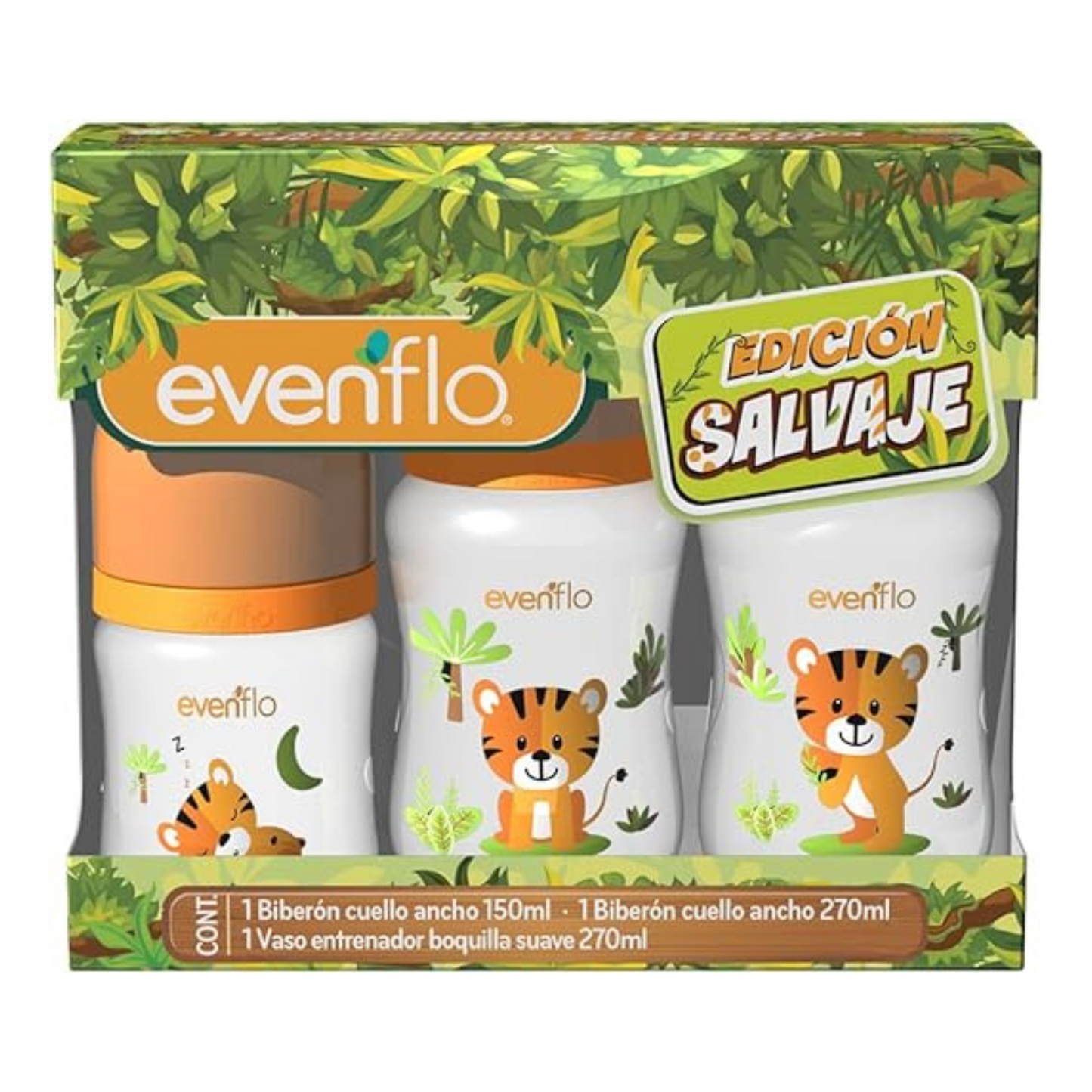 Set 2 Biberones Anticólicos y 1 Vaso Entrenador - Tigre - Evenflo