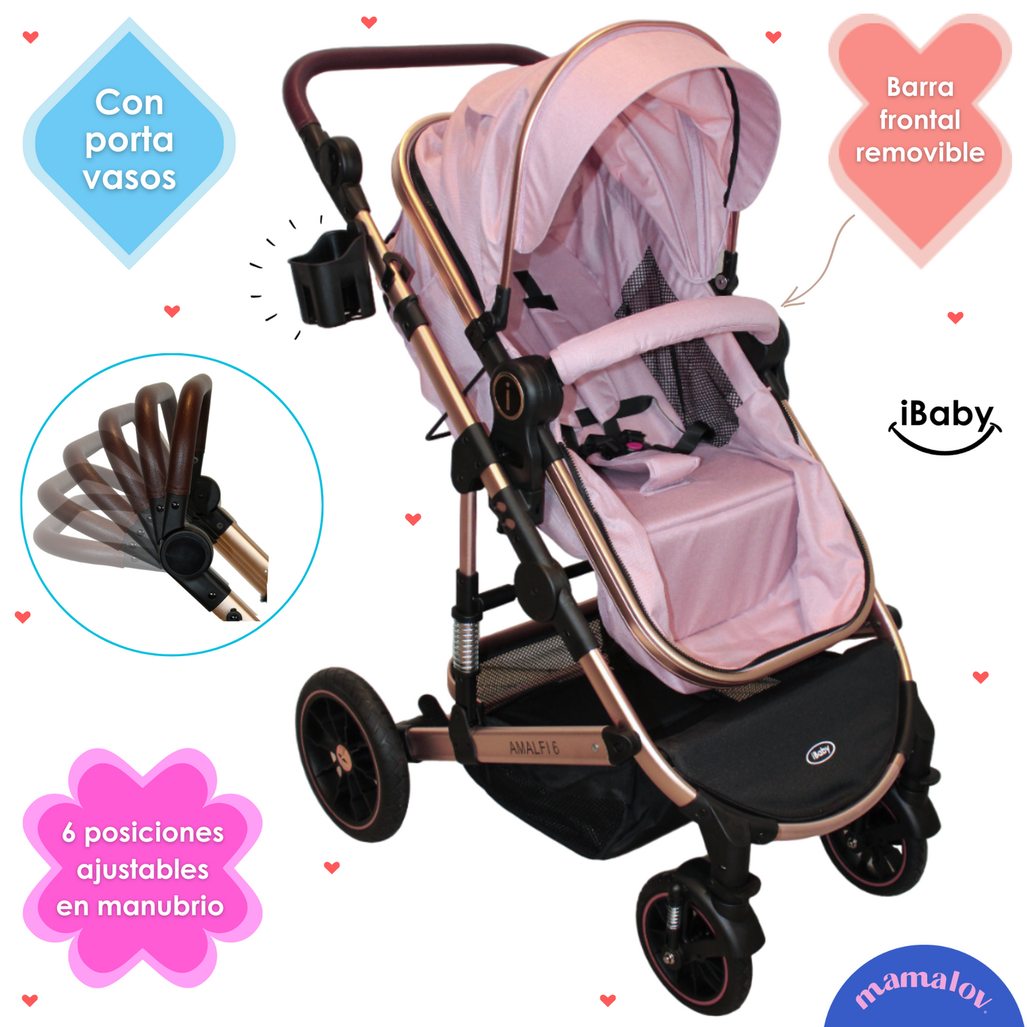 Carriola 6 En1 | Mecedora | Autoasiento | Amalfi - Rosa - Ibaby