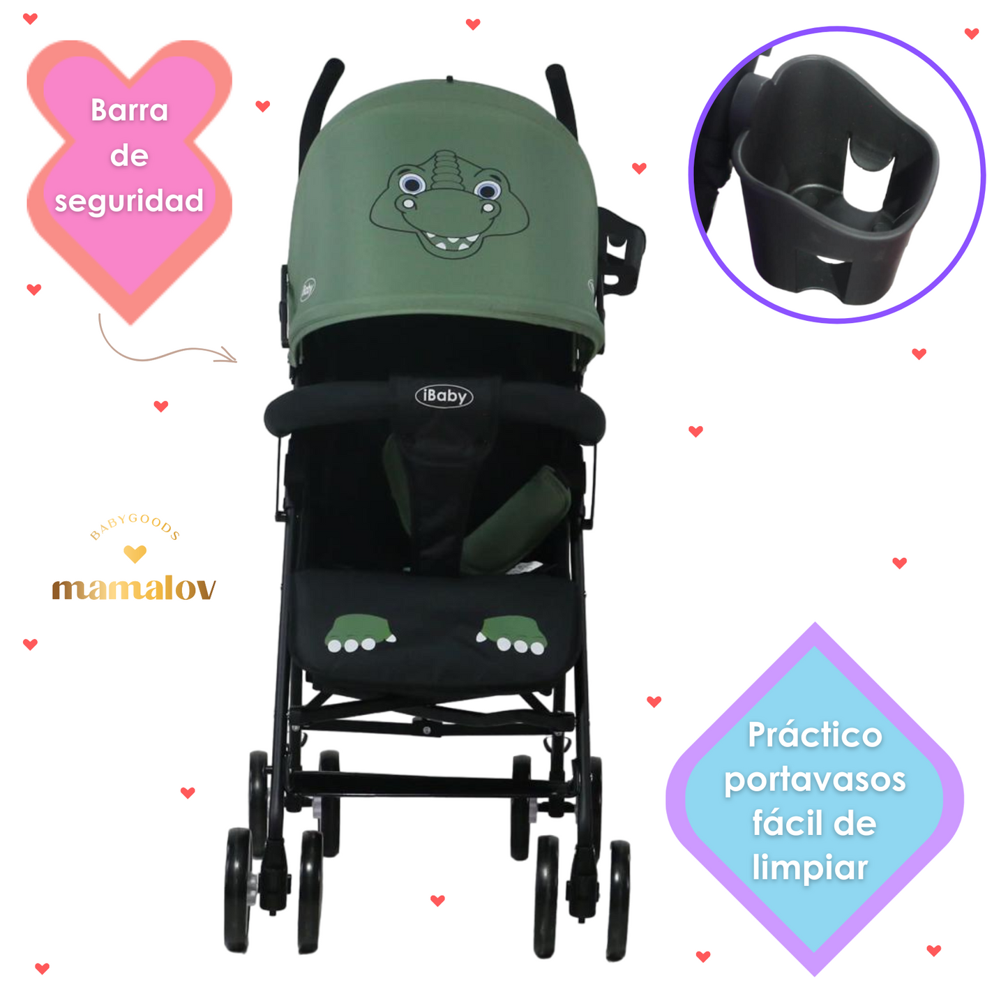 Carriola De Bastón Plegable Para Bebé Aleé Dino - Verde - iBaby