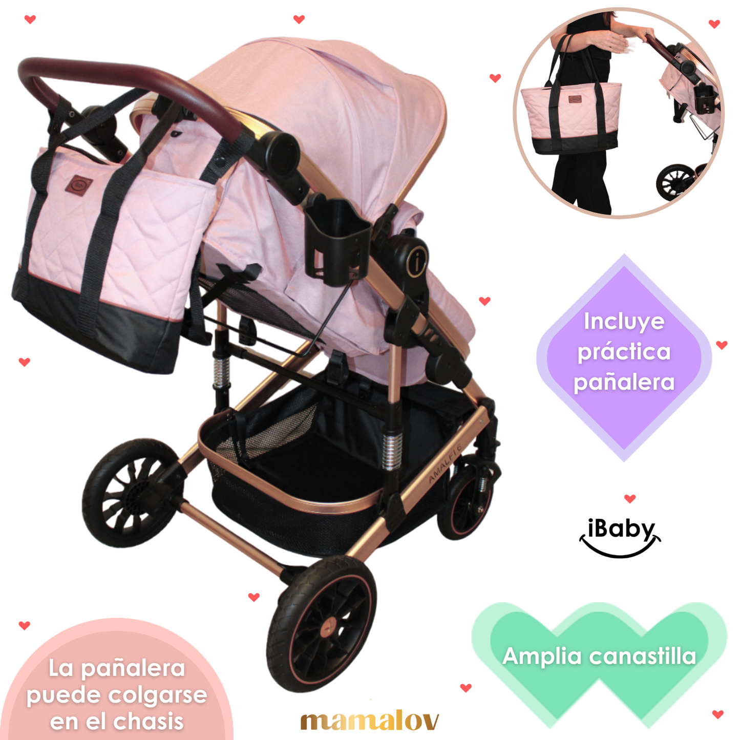 Carriola 6 En1 | Mecedora | Autoasiento | Amalfi - Rosa - Ibaby