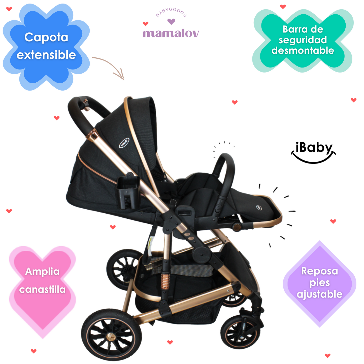Carriola 4 en 1 Reversible Con Portabebé Alessia - Negro - iBaby