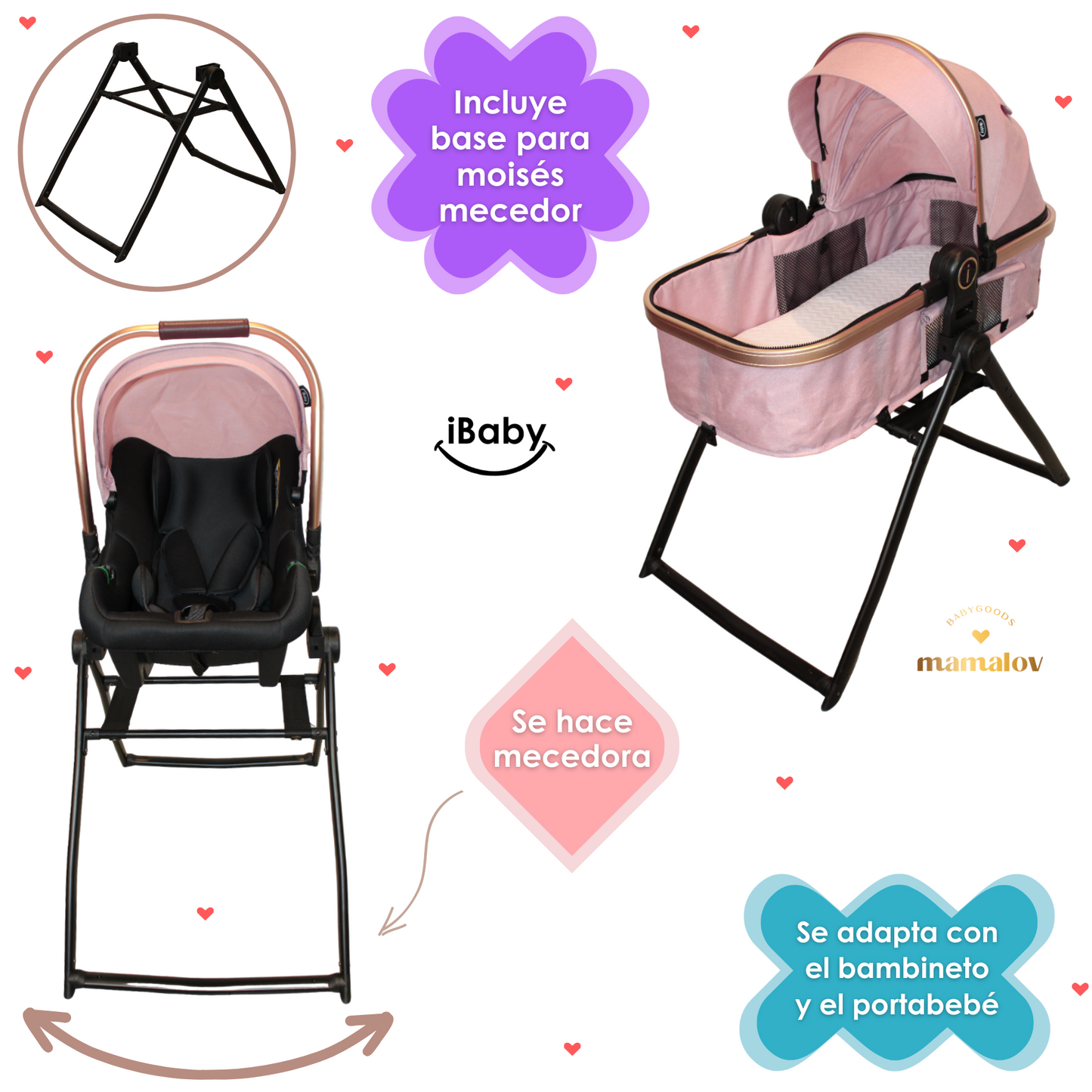 Carriola 6 En1 | Mecedora | Autoasiento | Amalfi - Rosa - Ibaby