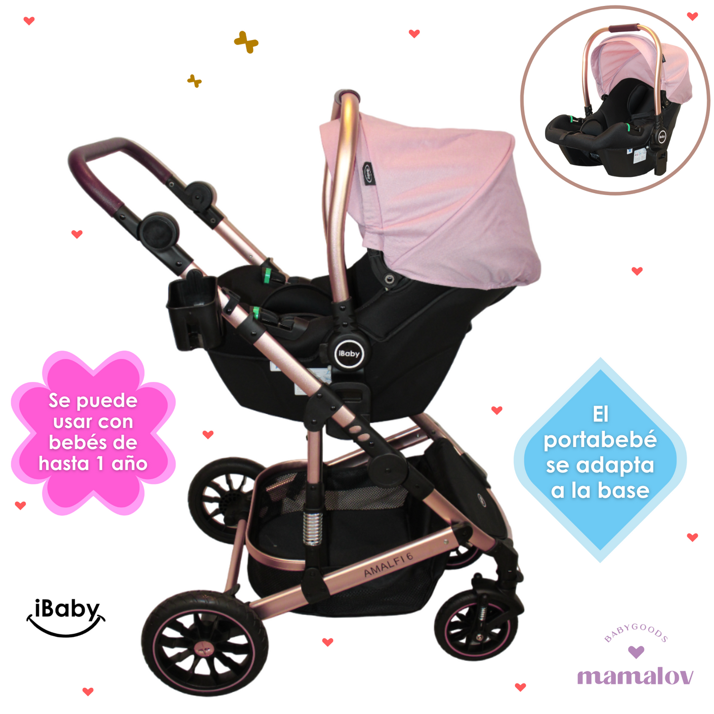 Carriola 6 En1 | Mecedora | Autoasiento | Amalfi - Rosa - Ibaby