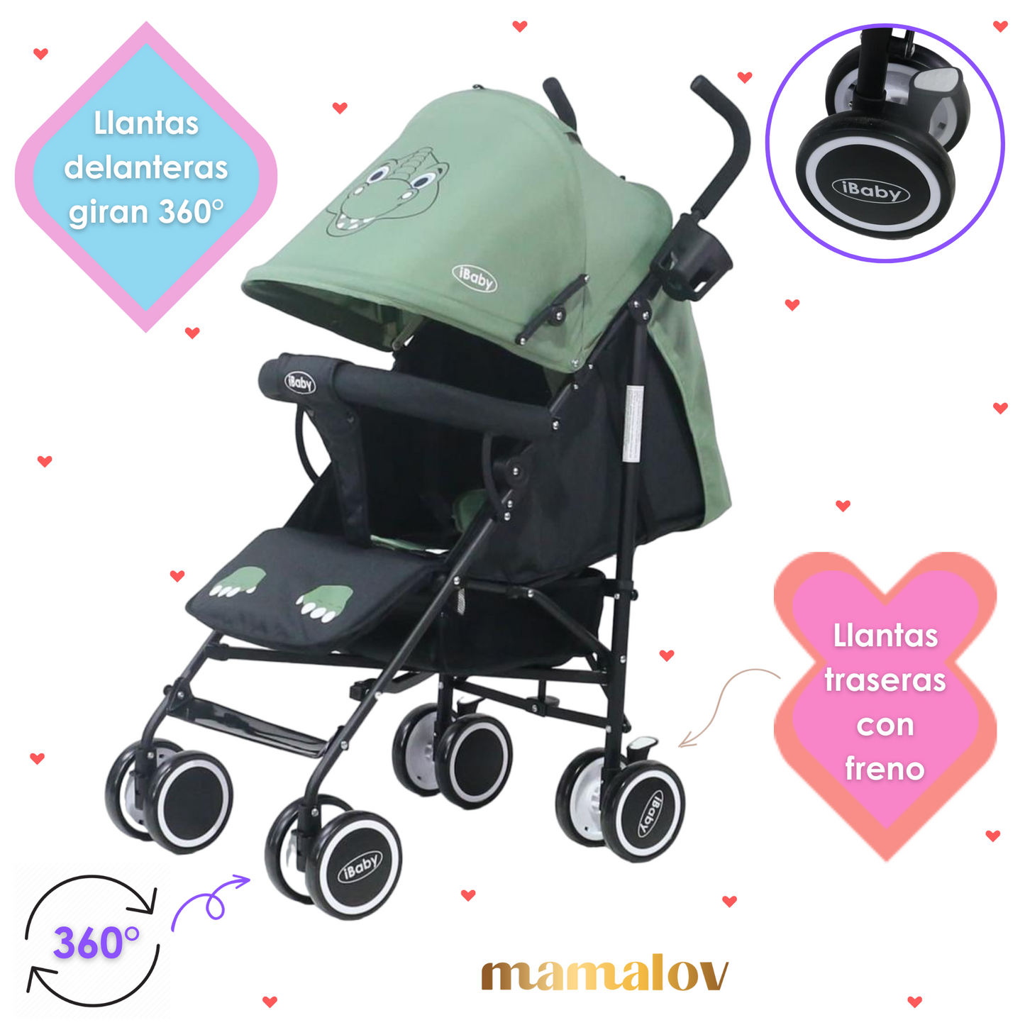 Carriola De Bastón Plegable Para Bebé Aleé Dino - Verde - iBaby