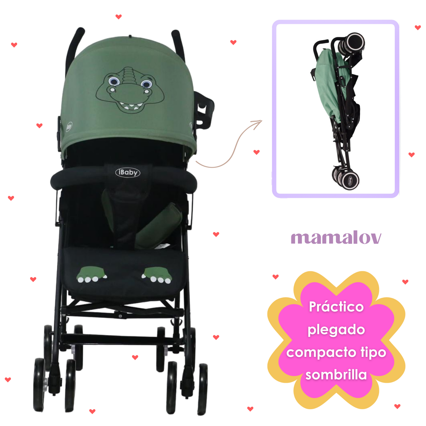 Carriola De Bastón Plegable Para Bebé Aleé Dino - Verde - iBaby
