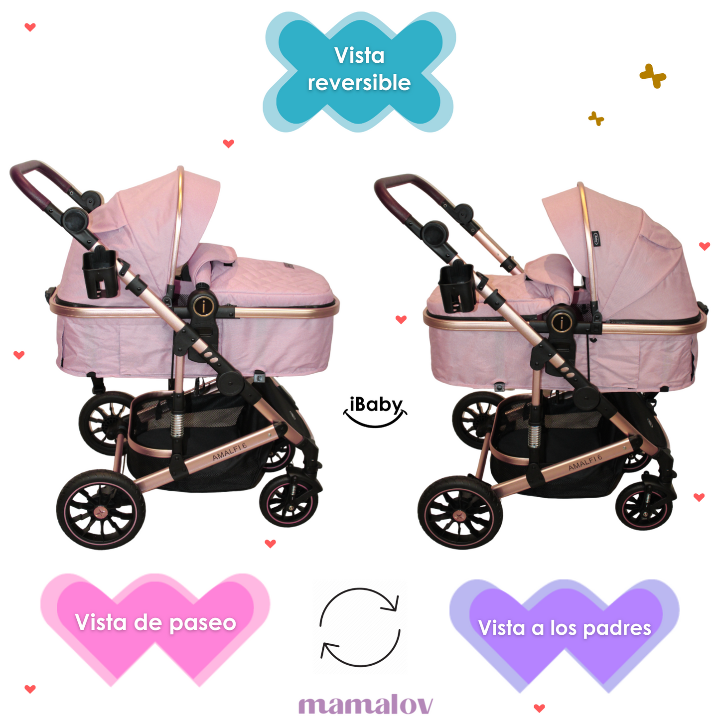Carriola 6 En1 | Mecedora | Autoasiento | Amalfi - Rosa - Ibaby