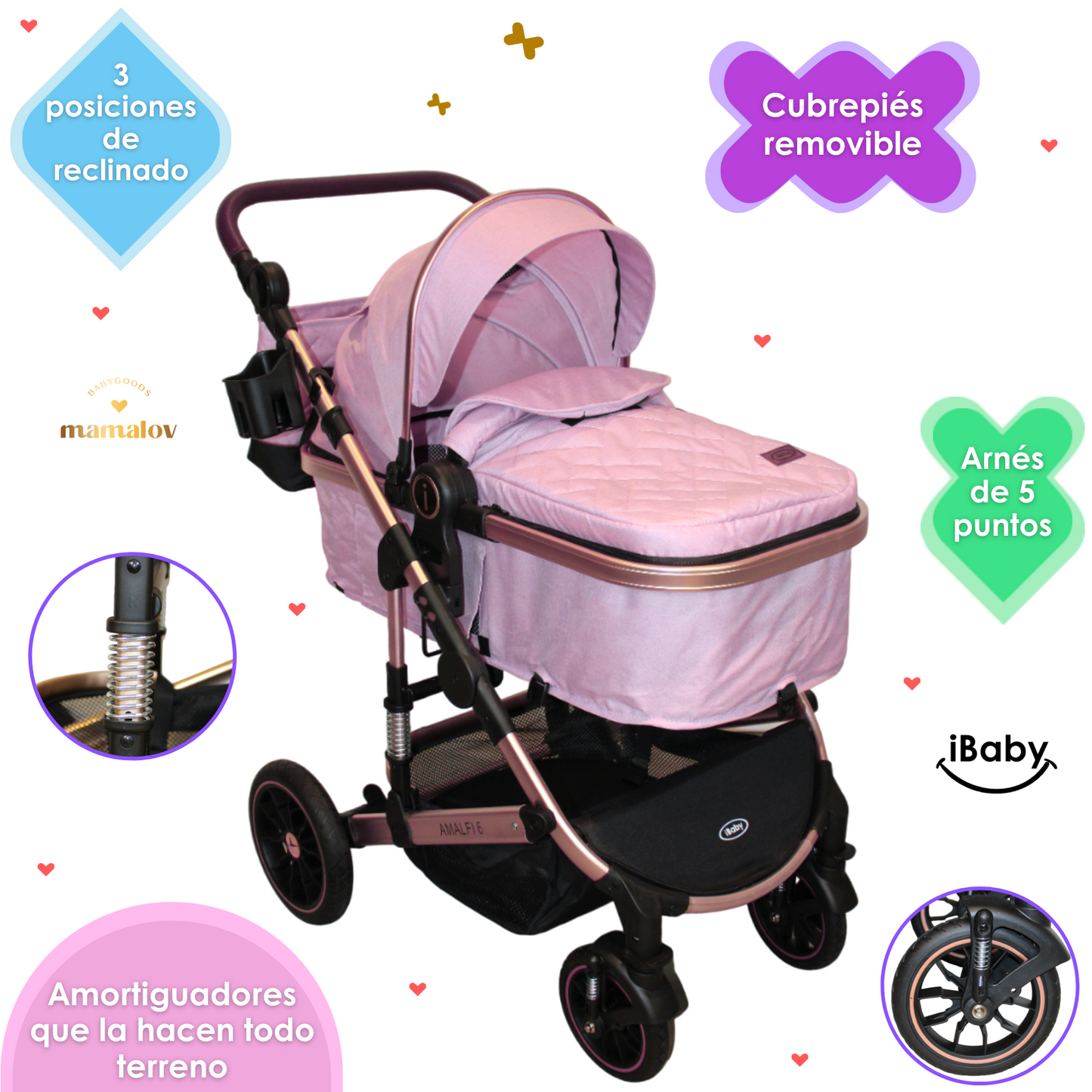 Carriola 6 En1 | Mecedora | Autoasiento | Amalfi - Rosa - Ibaby