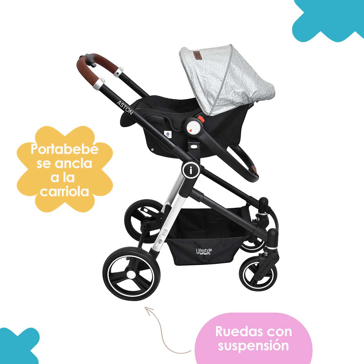 Carriola Travel System 4 en 1 Aston Gold Silver Bubbles Infanti