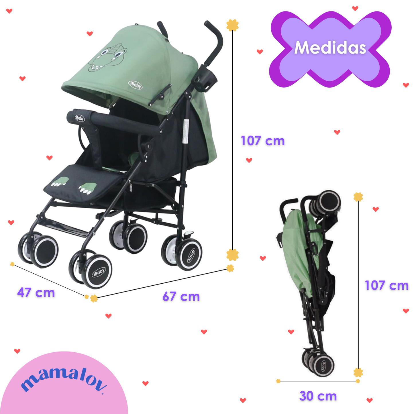 Carriola De Bastón Plegable Para Bebé Aleé Dino - Verde - iBaby