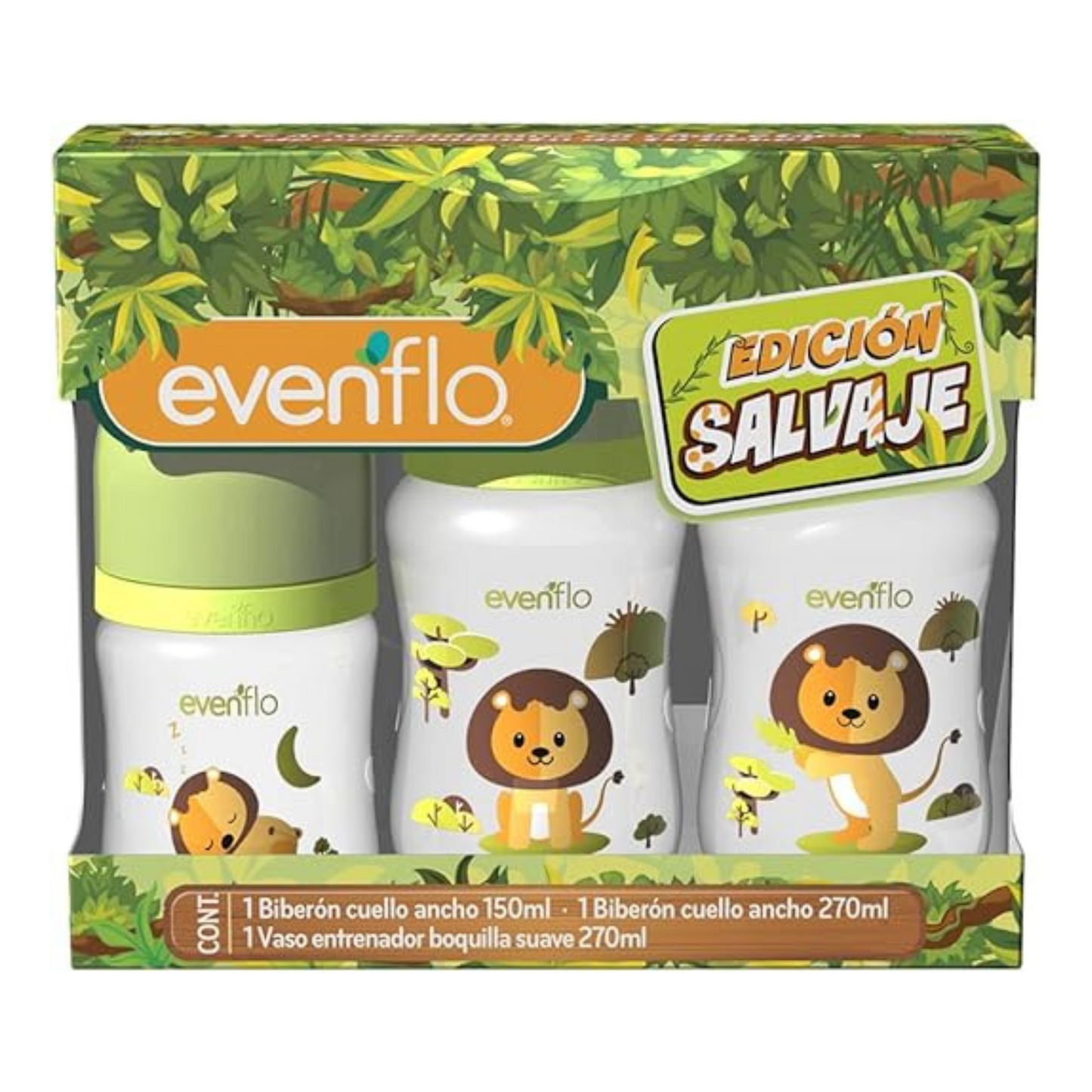 Set 2 Biberones Anticolicos y 1 Vaso Entrenador - Leon - Evenflo