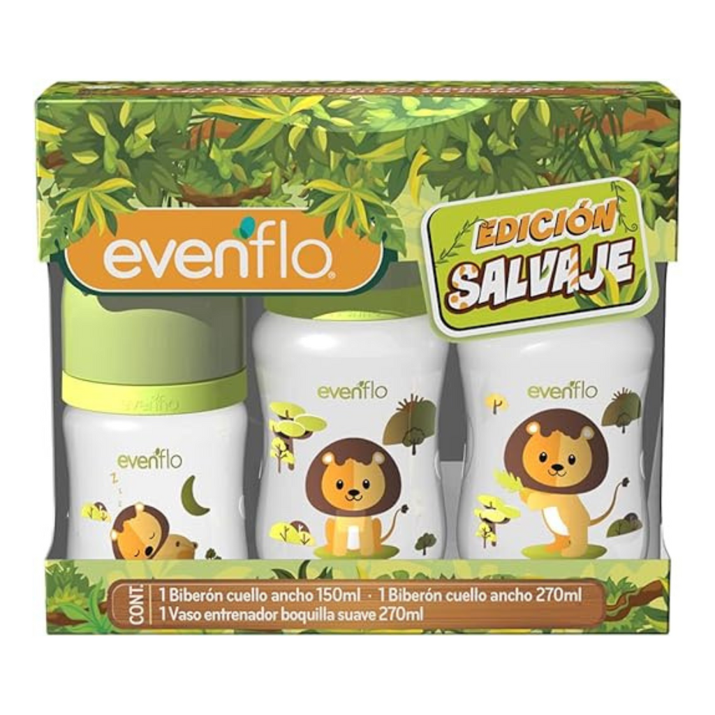 Set 2 Biberones Anticolicos y 1 Vaso Entrenador - Leon - Evenflo