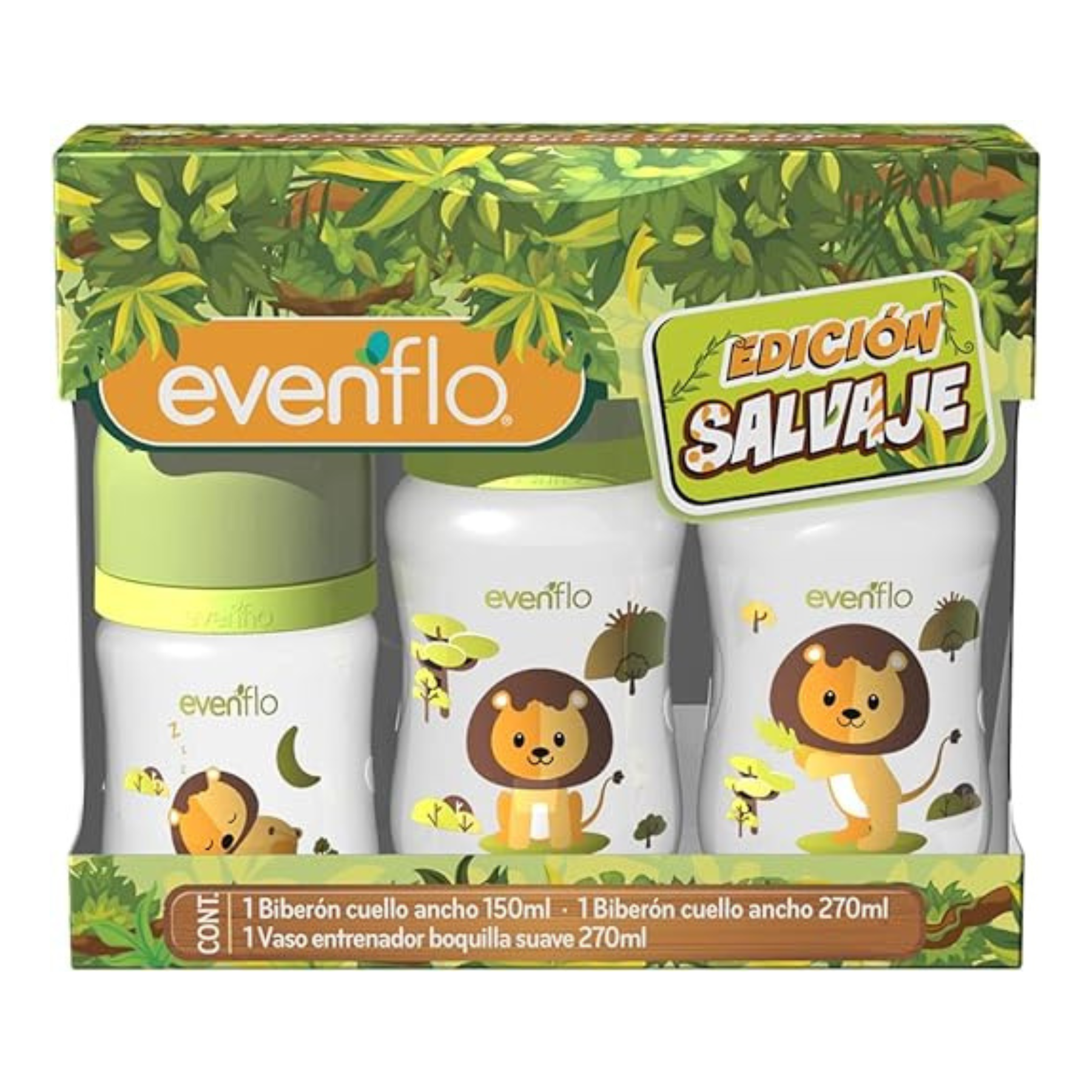 Set 2 Biberones Anticolicos y 1 Vaso Entrenador - Leon - Evenflo