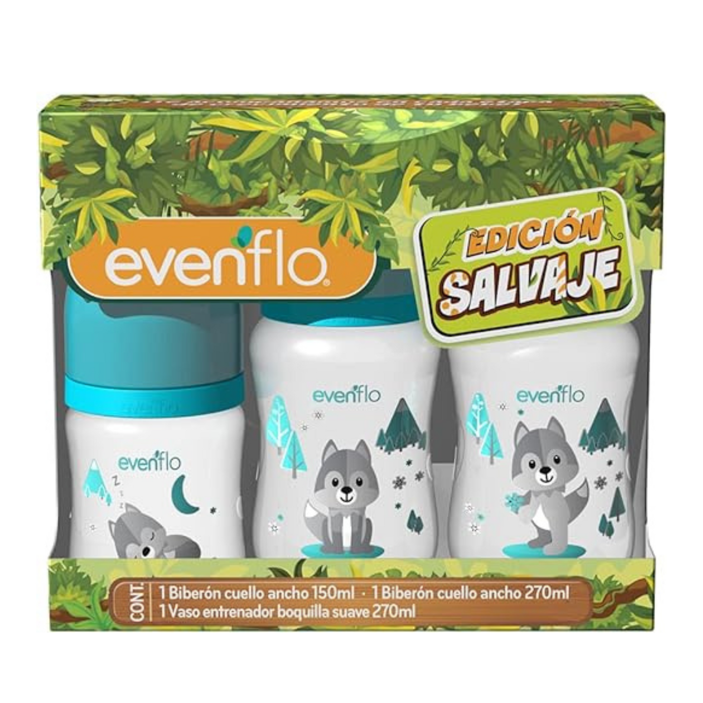 Set 2 Biberones Anticólicos y 1 Vaso Entrenador - Lobo - Evenflo