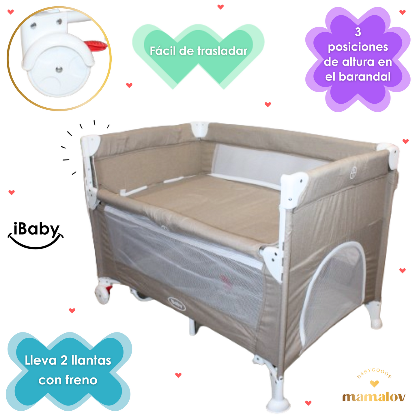 Cuna Corral Colecho Y Mecedora 4 en 1 Lomé Con Velo - Café - Ibaby