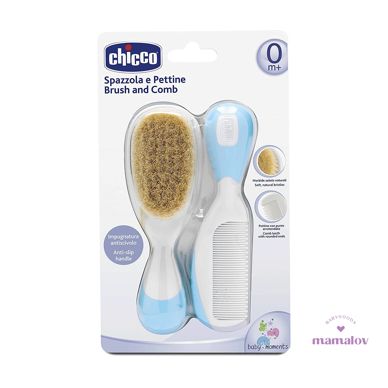 Set Cepillo y Peine de Pelo Natural Color Azul Chicco