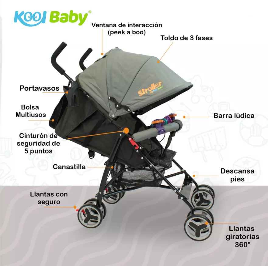 CARRIOLA DE BASTON KOOL BABY CAR-104 GRIS
