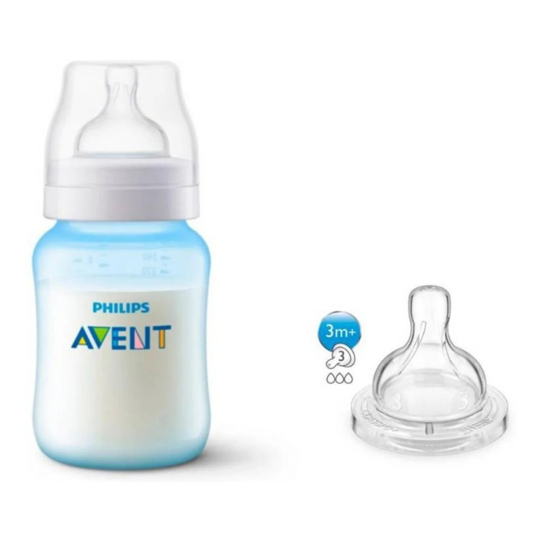 Set Tetero Anticolico Azul 9 Oz + Tetina 3m Avent Scd809/28