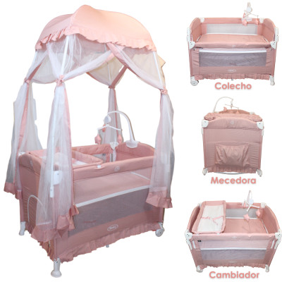 Cuna Corral Colecho Y Mecedora Con Móvil Y Mosquitero Titi Ibaby - Rosa